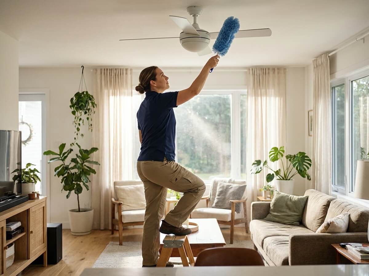 Cleaner carefully dusting ceiling fan
