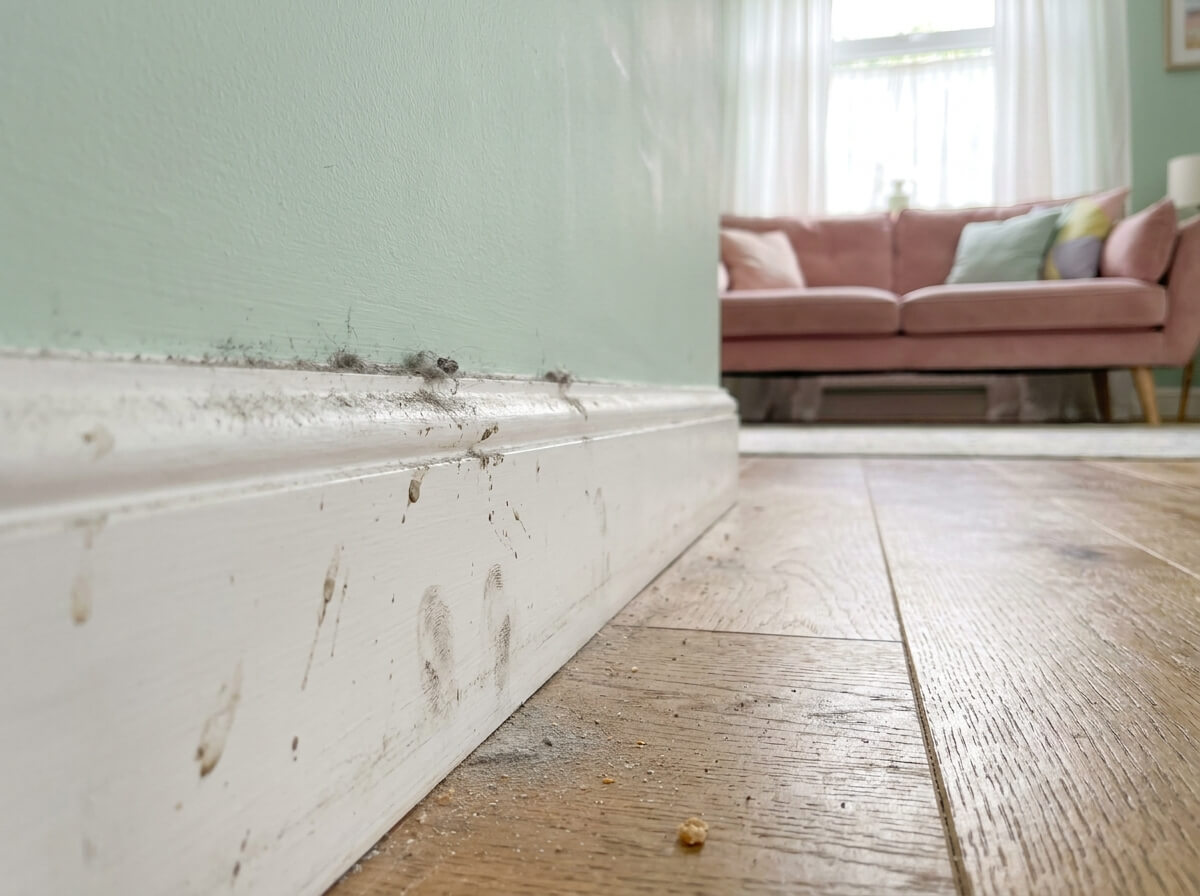 Baseboard along green wall