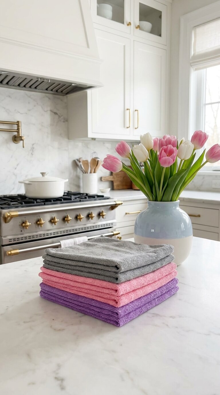Fresh tulips and cleaning microfiber towels in kitchen on countertop