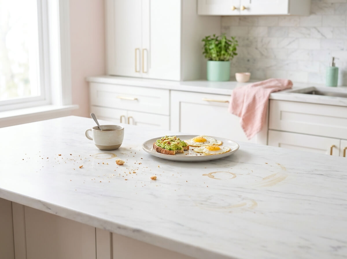 Used plate and coffee cup on kitchen counter