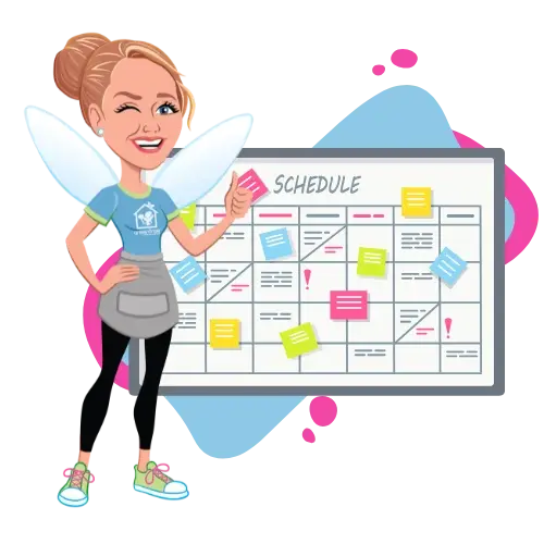 A Fairy Clean-Mother giving a thumbs up in front of a busy calendar, representing GreenTree Cleaning Services’ flexible and predictable house cleaning schedule.