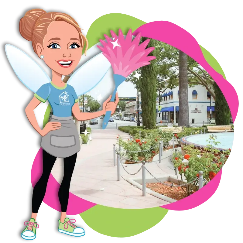 GreenTree Cleaning Services’ mascot near the iconic Orange, CA city circle, showcasing professional house cleaning services.